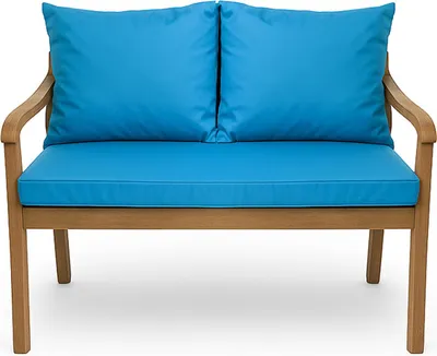 A close-up studio shot of a two-seater outdoor bench with bright blue cushions.