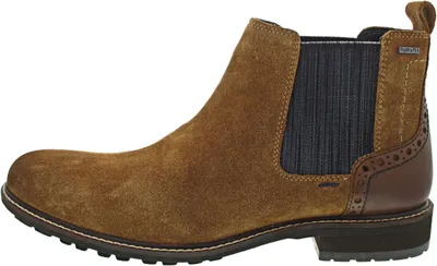 Side view of a brown suede Chelsea boot with brogue detailing on the heel.