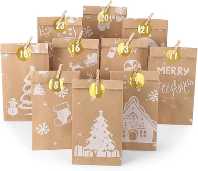 Produktbild von Adventskalender 2025 zum Befüllen – 24 Adventskalender-Beutel zum Selbstbefüllen – Weihnachtskalender zum Befüllen mit Stickern und Holzclips
