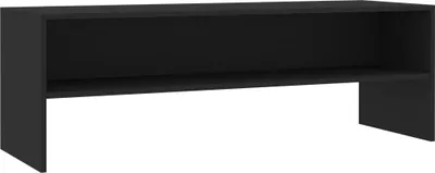 A black TV stand with one shelf, shown against a white background.