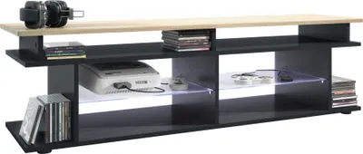 Produktbild von Vladon TV Board Movie V3 Game On 138,5 x 39 x 37,5 cm inkl. LED-Beleuchtung Weiß, Korpus in Schwarz matt, Game Aufsatz in Eiche sägerau