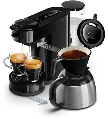 Produktbild von Philips Senseo® Switch 2-in-1 Pad und Filter Kaffeemaschine mit Thermo Kanne + Intensitätsregler, Schwarz (HD6592/64)