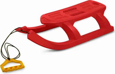 A red plastic sled with a yellow handle and black rope, isolated on a white background.