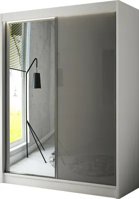 Produktbild von ALTDECOR Kleiderschrank mit Spiegel und Schiebetüren, kugelgelagerte Führungsschienen und Aluminium-Leisten - VESLI - 150 cm Weiß / Lacobel Grau