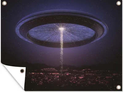 Produktbild von MuchoWow® 40x30 cm Outdoor-Poster Gartendeko Sichtschutz Garten Poster für den Garten  Eine Illustration eines UFOs über einer Stadt - Jungen - Mädchen - Kinder - Kind