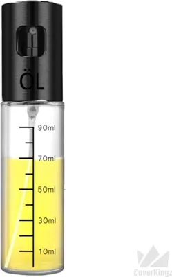 A clear product shot of an oil sprayer bottle filled with yellow liquid, against a white background.