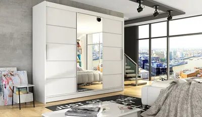 Produktbild von Schwebetürenschrank 3-türig Schrank 250 cm mit Regalen Moderne Kleiderschrank mit Spiegel Garderobe für Kleidung  Modell ASTI VI WEISS