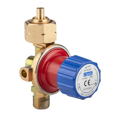 A close-up studio shot of a gas pressure regulator.