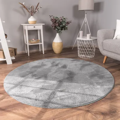 Produktbild von Teppich Wohnzimmer Kunstfell Shaggy Hochflor Waschbar In Waschmaschine Soft Uni Grau Grösse Ø 120 cm Rund