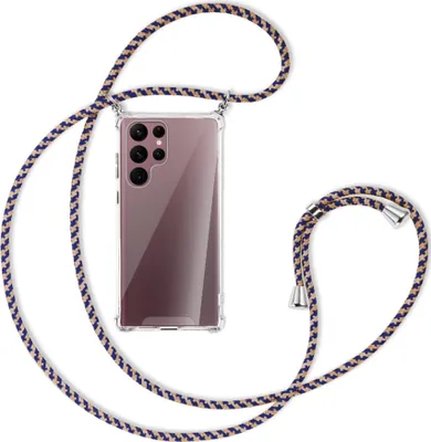 Produktbild von Handykette Backcover-Schutzhülle mit Band (Metall silberfarben) für Samsung Galaxy S22 Ultra 5G (S908) - blau+beige