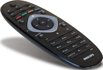 A black Philips remote control is shown at an angle against a white background.