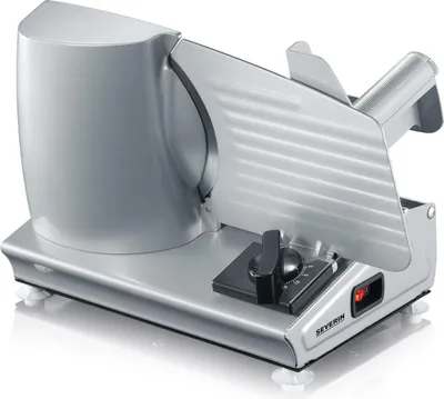 A silver electric slicer is displayed on a white background.