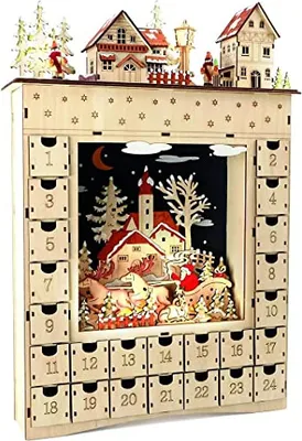 Adventskalender aus Holz mit LED-Beleuchtung, 34x7,5x52 cm