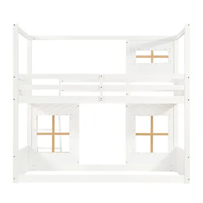 A white wooden bunk bed frame with window cutouts.