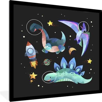 Produktbild von MuchoWow® Gerahmtes Poster Dinosaurier - Rakete - Kinder - Mädchen - Junge - Kinder - Kinder 40x40 cm - Poster mit Schwarzem Bilderrahmen Wandposter Rahmen Foto Bilder - Mit Rahmen - Wanddekoration Schlafzimmer