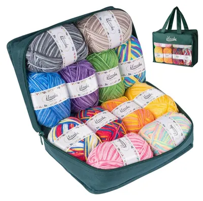 Produktbild von Häkelgarn 12 Farben x 50g Bunt Acryl 4-Fädig Farbverlauf 1200m mit Tragetasche