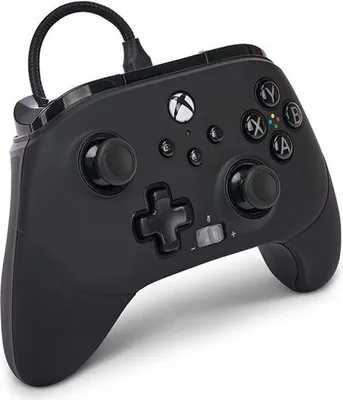 A black Xbox controller is shown from a slightly elevated angle against a white background.