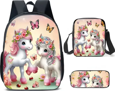 Image de Ensemble scolaire beige 3pcs - Sac à dos, trousse, goûter. sac - Licornes