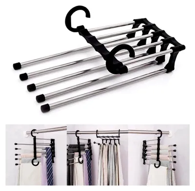 Produktbild von 5-in-1 – Kleider- und Hosenbügel – Organizer für den Kleiderschrank – platzsparend – Schwarz/Silber