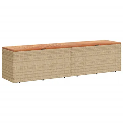 A long, rectangular storage bench with a wooden lid and a woven rattan body, set against a white background.