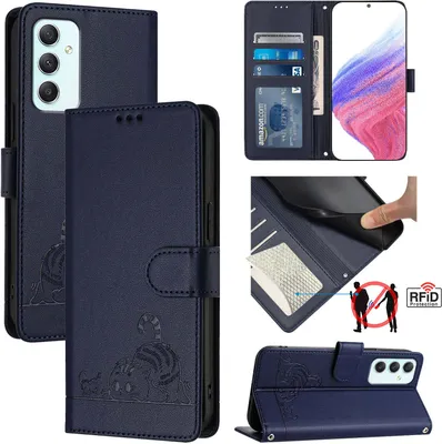 A collage of images showing a blue leather flip case for a Samsung Galaxy A35 5G, with various angles and details of the case, including card slots and a stand function.