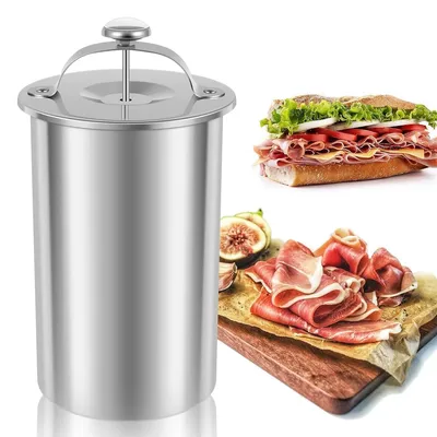 Produktbild von Schinkenpresse Edelstahl mit Thermometer – 1,2 kg Fleisch, Hausgemachtes Delikatessenbrot, Kochwerkzeug-Set 17x10x10 cm