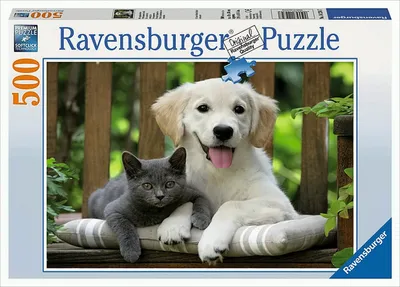 Produktbild von 500 Teile Ravensburger Puzzle Mittagspäuschen Hund Katze 14234