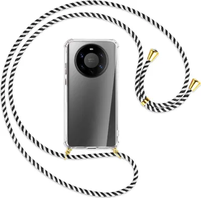 Produktbild von Handykette Backcover-Schutzhülle mit Band (Metall goldfarben) für Huawei Mate 40 Pro Plus - schwarz/weiß gestreift