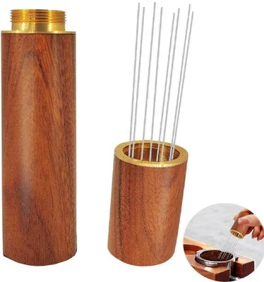 Image de Pièce pour machine à expresso, 8 aiguilles en acier inoxydable de 0,4 mm, manche en bois, distributeur de café pour barista