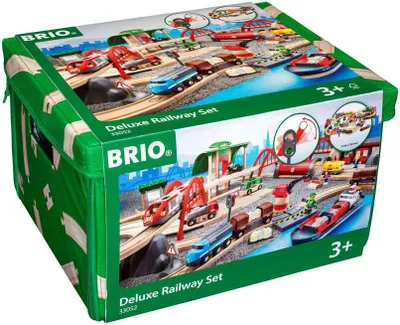 The image shows the packaging of a BRIO World Deluxe Railway Set.