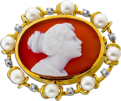 Produktbild von Achatgemme Anstecknadel Gold 585 14K Akoyaperlen Diamanten Antikschmuck