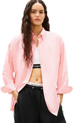 Image de Chemise en popeline oversize avec logo brodé, Tommy Hilfiger, pour femmes, rose, taille S, col à boutons