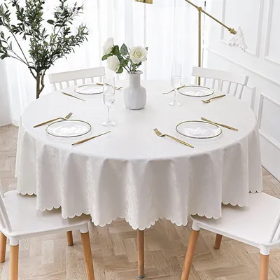 Produktbild von Wachstuch Tischdecke Abwaschbar Rund 160cm PVC Tischtuch Tafeldecke Jacquard, Tischwäsche Schmutzabweisend Pflegeleicht, Weiß