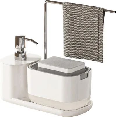 Image de Distributeur de savon pour les mains et la vaisselle, distributeur de savon avec support d'éponge et support de chiffon, boîte de rangement de liquide à pousser pour la maison