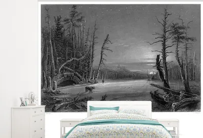 Produktbild von MuchoWow® Fototapete für Wohnzimmer oder Schlafzimmer Wandtapete Vinyl Motivtapete Illustration eines Bären auf einem zugefrorenen See - schwarz und weiß - 325x260 cm - Tapete
