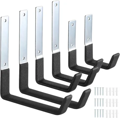 Productafbeelding van Garage haken 6 stuks, muurbevestiging, staal, J-haak, voor tuingereedschap