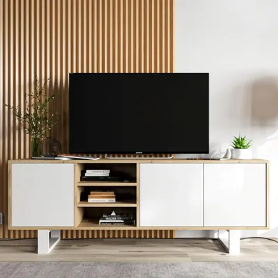 Produktbild von Loft TV-Schrank TV-Lowboard Apollo  Dreitürig  Zwei Metallfüße  Modern  Lindner Möbel 150cm x 53cm x 35cm Farbe: Wotan Eiche matt - weiß matt