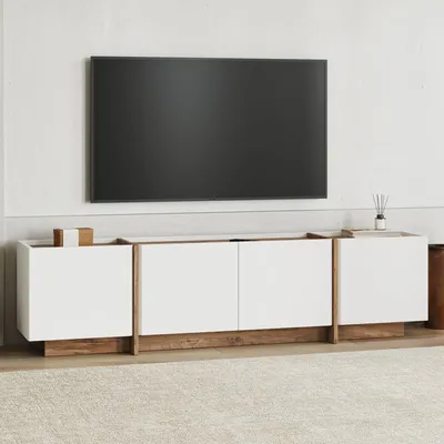 Zdjęcie produktu dla Skye Decor, nowoczesny stolik pod telewizor, 180 cm, biały i sosna atlantycka, płyta wiórowa pokryta w 100% melaminą, grubość 18 mm, z zawiasami z cichym domykaniem, elegancki design do Twojego domu.