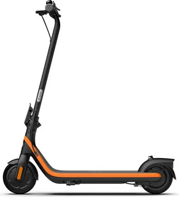 A studio shot of a black and orange electric scooter against a white background.