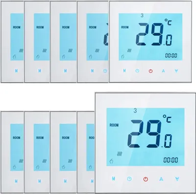 A collage of multiple programmable room thermostats with LCD touch screens.