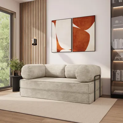 Produktbild von Masseno Schaumstoffsofa ALVIO mit Schlaffunktion, Schlafsofa, Wohnzimmersofa, Couch, Sofa, Bettsofa, Kordstoff – Creme POSO 100