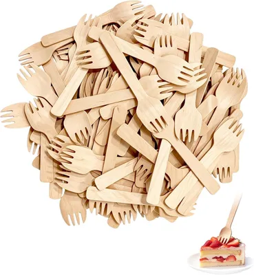 Imagen del producto de Pequeños tenedores de madera 2 en 1, de 10,5 cm, paquete de 300 unidades, para uso en la cocina y en fiestas