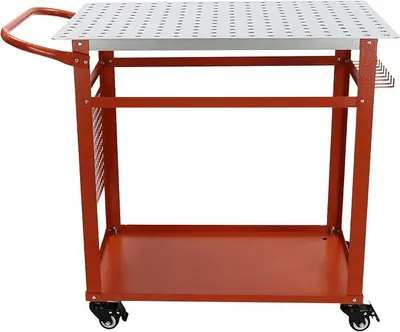 Imagen del producto de Mesa de soldadura, banco de trabajo para soldadura, con 4 ruedas universales y asa, doble superficie de almacenamiento, orificios de 16 mm, capacidad de carga de 272 kg, con 9 ganchos, dimensiones: 91,44 x 61 x 91,44 cm