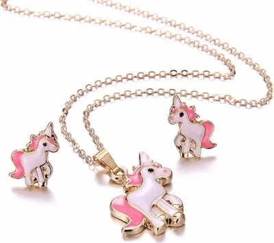 Produktbild von Einhorn Schmuckset: Rosa Einhorn/Pferd für Damen und Mädchen 2xOhrringe 1xHalskette Neu