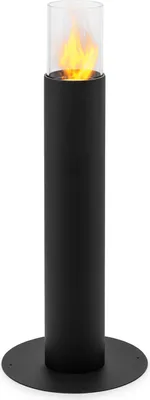 A black ethanol fireplace with a glass enclosure and a flame inside, set against a white background.
