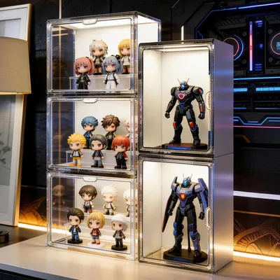 Image de 4 vitrines en acrylique avec éclairage LED, porte magnétique, boîte d'exposition, organisateur, présentoir, boîtes à chaussures, dimensions 36x22x27 cm, empilables, idéales pour les figurines, les sacs à main et les chaussures