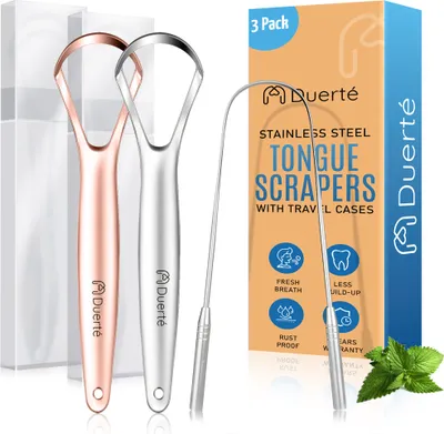 Image de Duerté - Racloir à langue en acier inoxydable pour l'hygiène buccale - 5 pièces - Cuivre - Nettoyeur de langue durable - Brosse à langue - Racloir à langue - 3 bâtonnets de fil dentaire inclus
