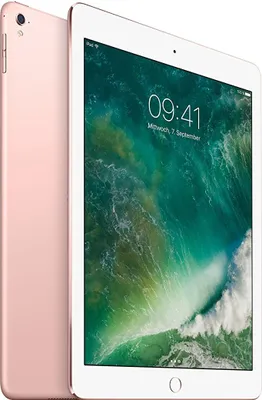 A rose gold iPad Pro is shown at an angle, with its screen displaying a wave wallpaper and the time.