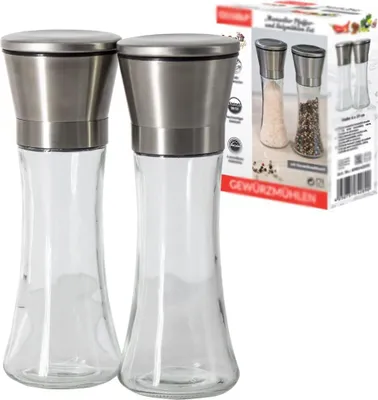 Produktbild von Pfeffer Salz und Gewürzmühlen Set aus Glas und Edelstahl, 19 cm, Manuell