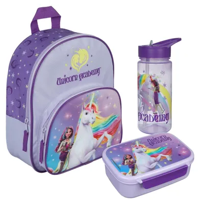 Produktbild von Unicorn Academy Kindergarten-Set 3-teilig, Kinderrucksack, Brotdose & Trinkflasche für Mädchen, Kita Vorschule Einhorn